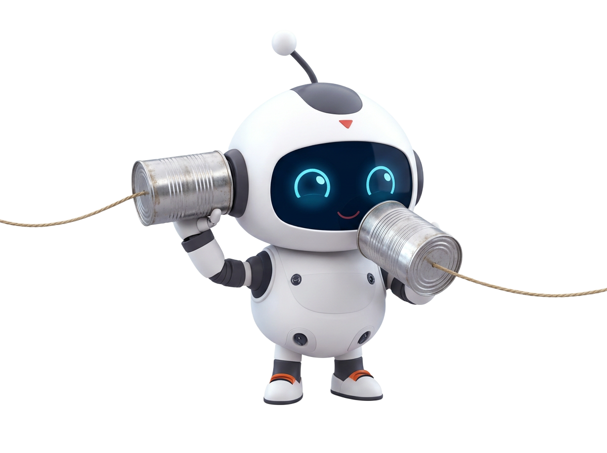 Friendly robot making contact with a tin-can telephone